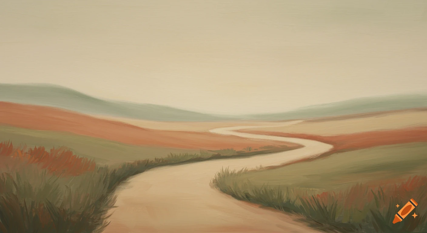 An abstract oil painting of a winding road through fields and hills in muted earth tones.