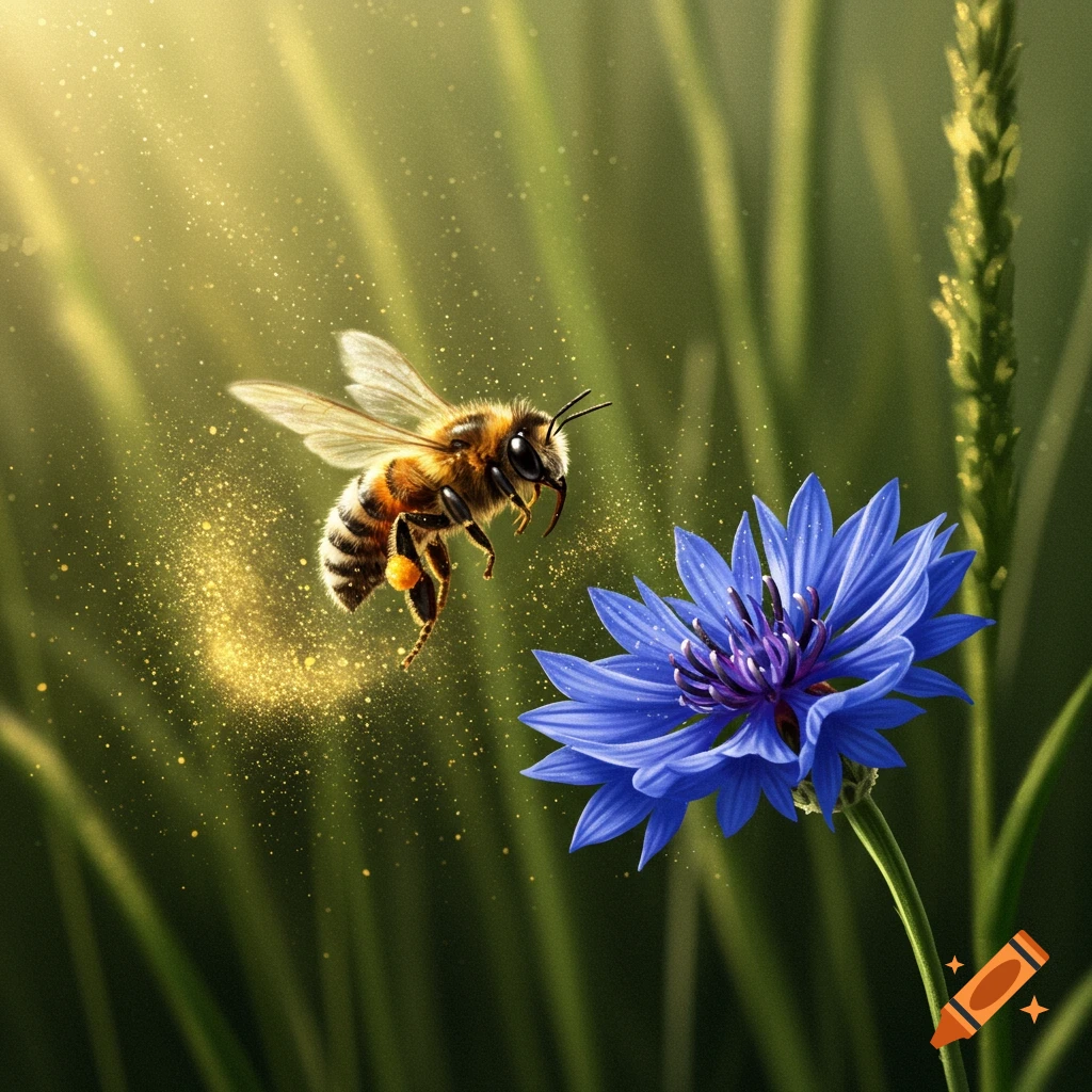 A bee with pollen on its leg flying towards a vibrant blue cornflower in a sun-dappled green field, photorealistic style.