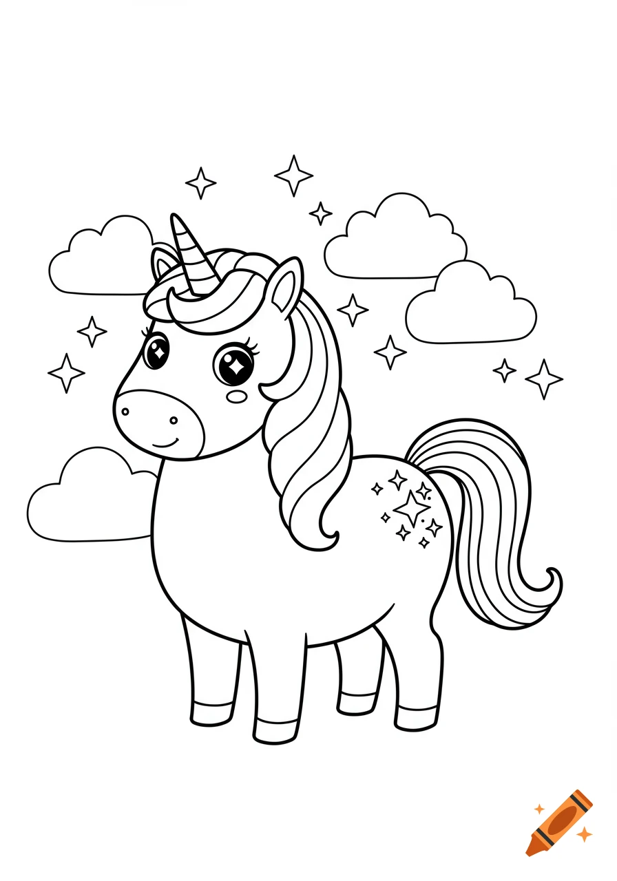 Black and white outline of a cute unicorn with a curly mane and tail, surrounded by clouds and stars, designed as a coloring page.