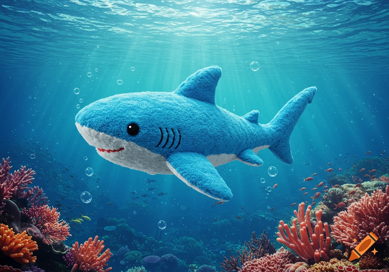A fluffy blue plush shark toy swims underwater among colorful coral and small fish, with sun rays from above.