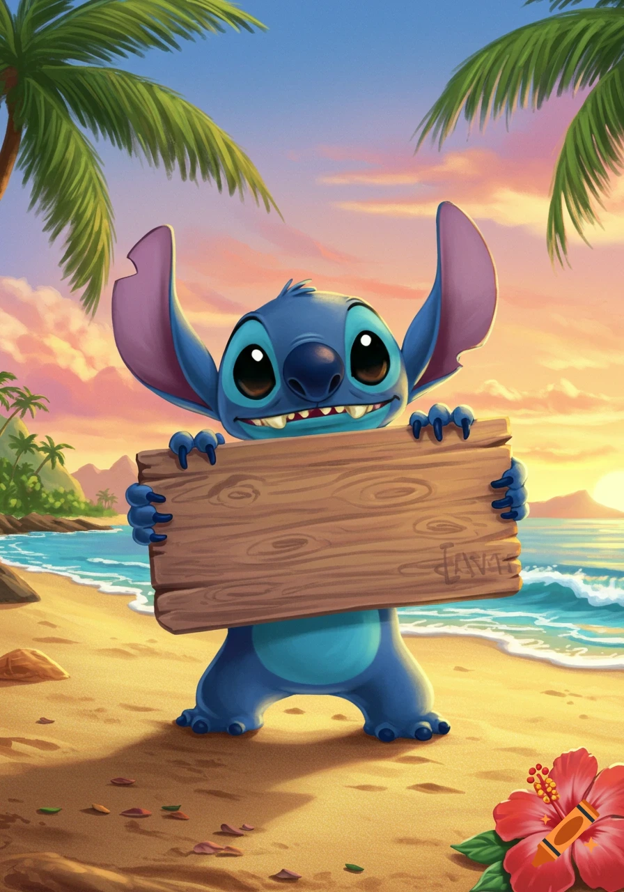 Stitch, the blue alien creature, happily holds a blank wooden sign on a sunny tropical beach at sunset. A red hibiscus flower is in the foreground.