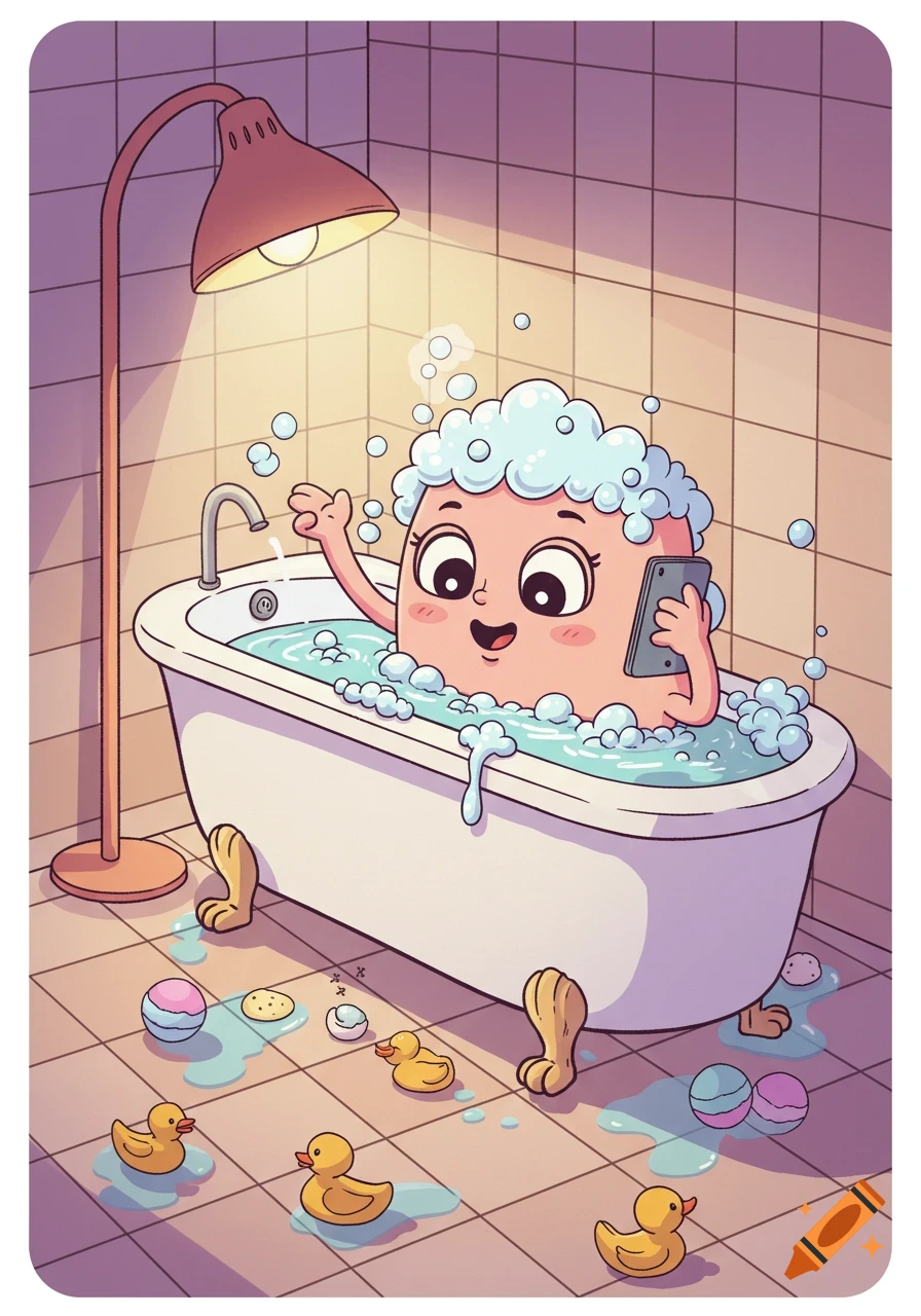 A cute cartoon character, resembling a head, takes a bubbly bath, holding a smartphone. Rubber ducks are on the tiled bathroom floor.