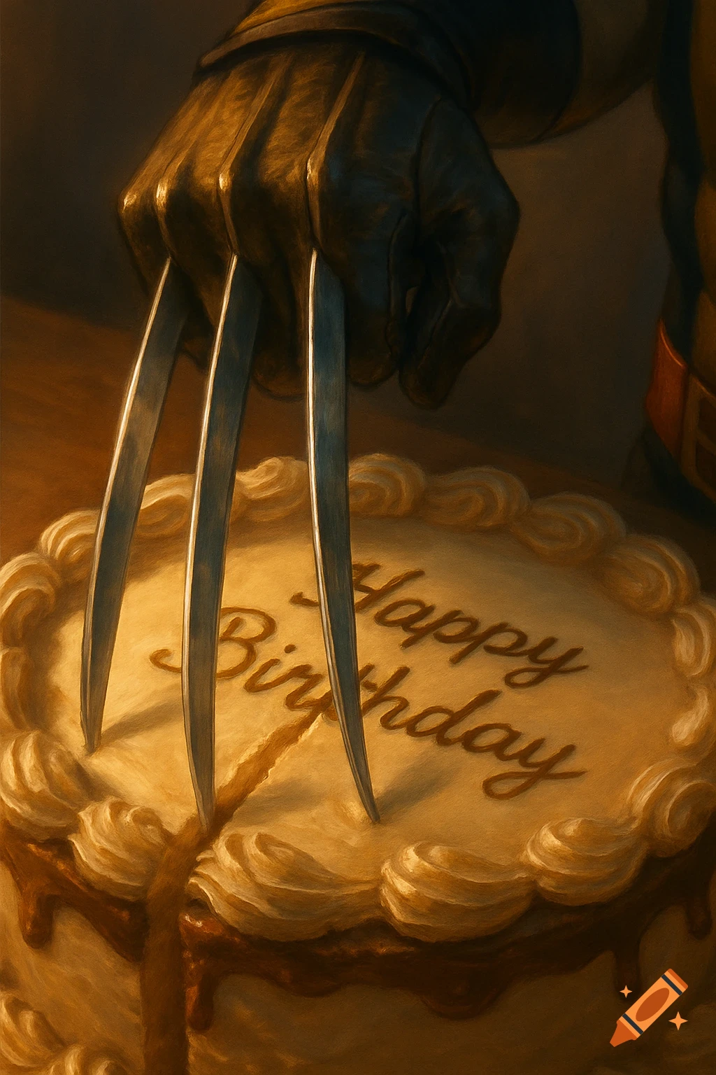 Wolverine's gloved hand with adamantium claws slicing into a birthday cake that says 'Happy Birthday', in a semi-realistic concept art style.
