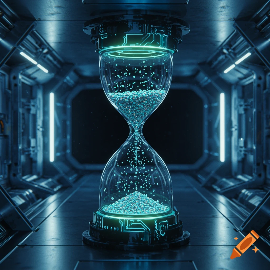 A glowing, futuristic hourglass filled with blue particles, sitting on a base with circuit patterns, inside a dark, metallic sci-fi corridor.