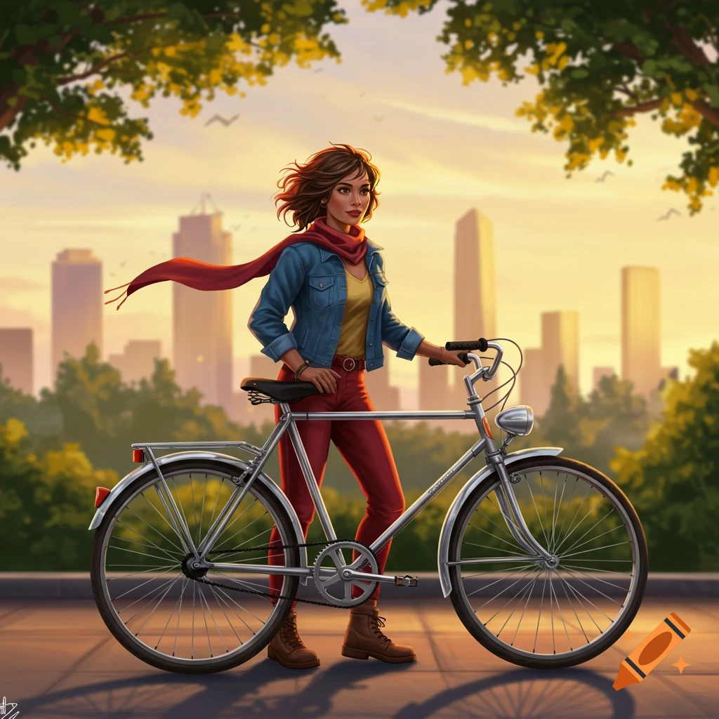 An illustrated woman with a red scarf and a bicycle stands in a city park at sunset with skyscrapers in the background.