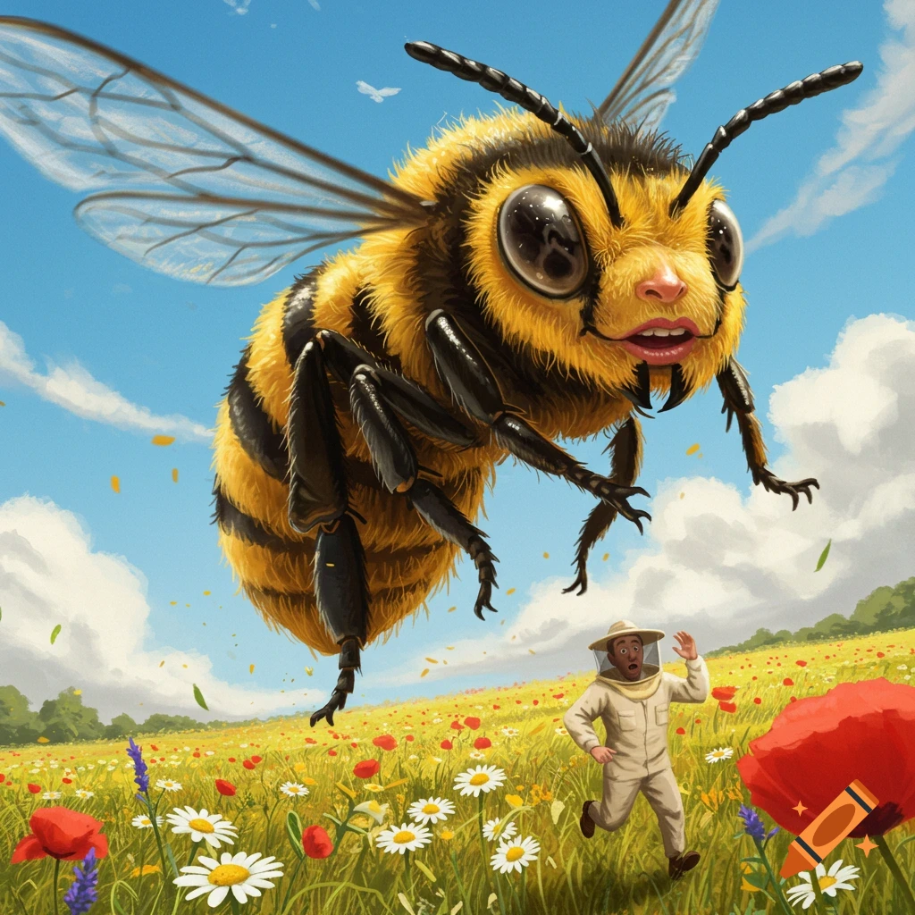 A gigantic, fuzzy bee with a human face flies over a field of wildflowers, chasing a terrified beekeeper.