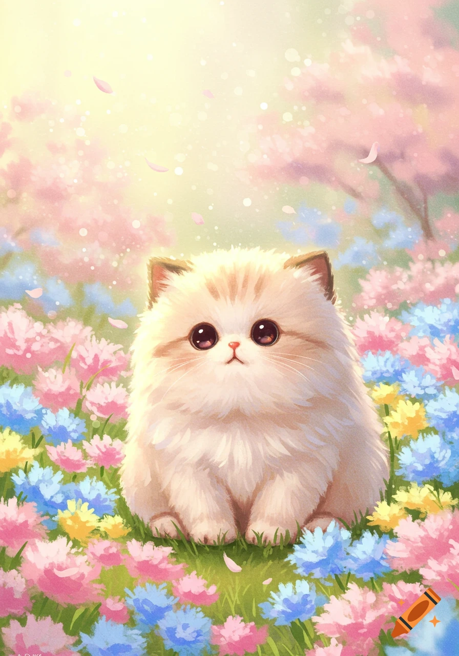 A cute fluffy white and brown striped cat sits in a field of pink, blue, and yellow flowers with cherry blossoms and sunlight.