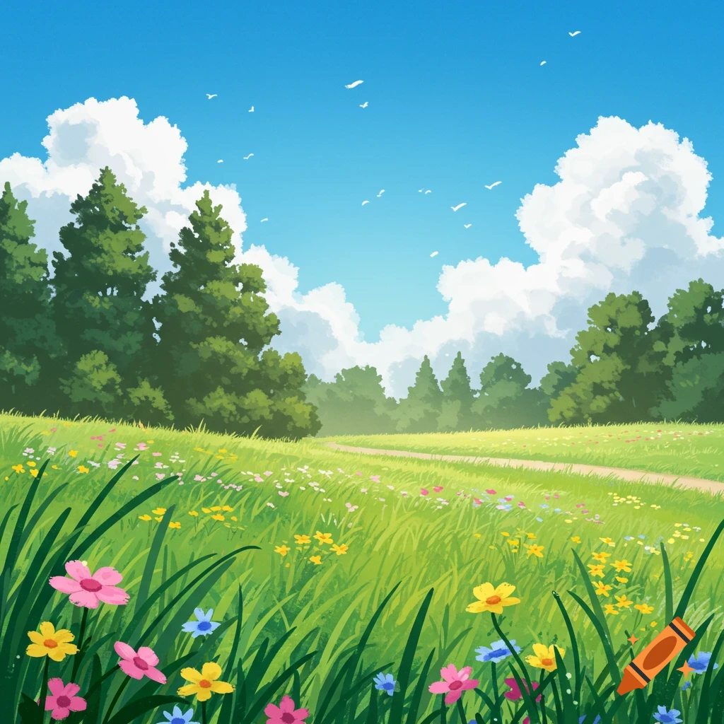 Vibrant animated landscape with a sunny grassy field, colorful wildflowers, a winding path, a dense forest, and birds in a blue sky.