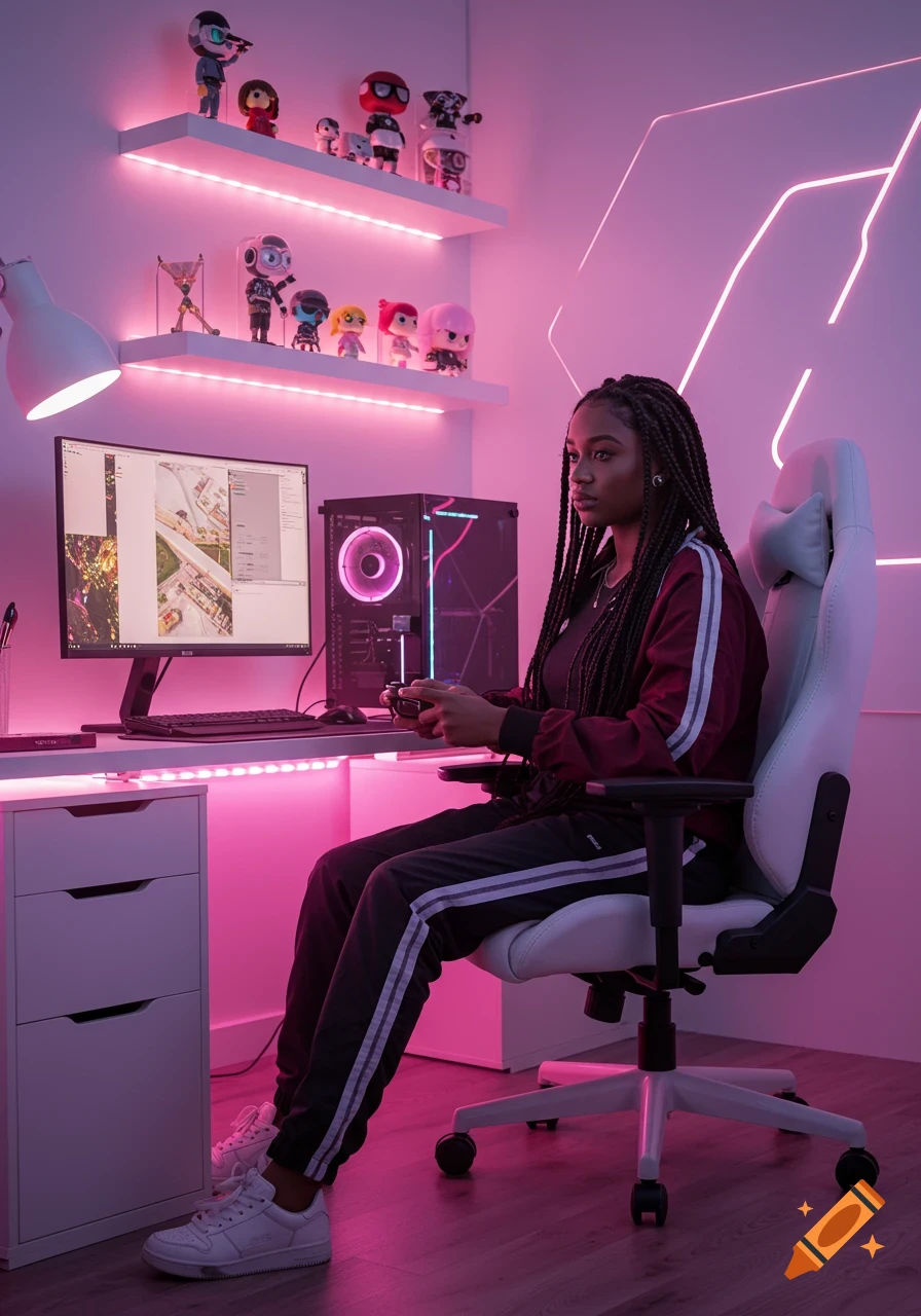 A Black gamer girl with braids sits at a desk with a gaming PC and monitor in a pink and white room with neon lights and shelves of figurines, playing a video game.