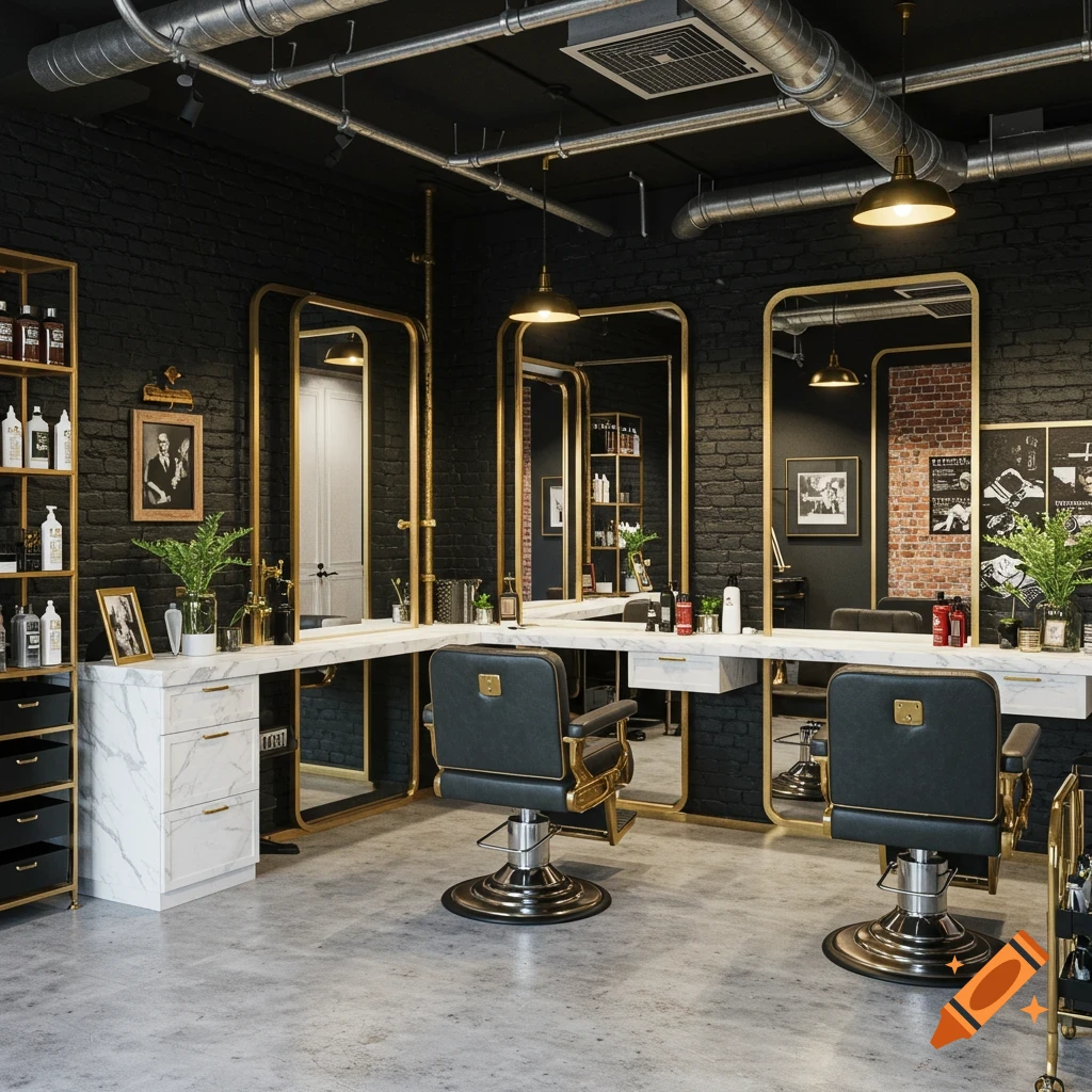 An industrial chic barbershop interior with black brick walls, gold accents, marble counters, and black barber chairs.