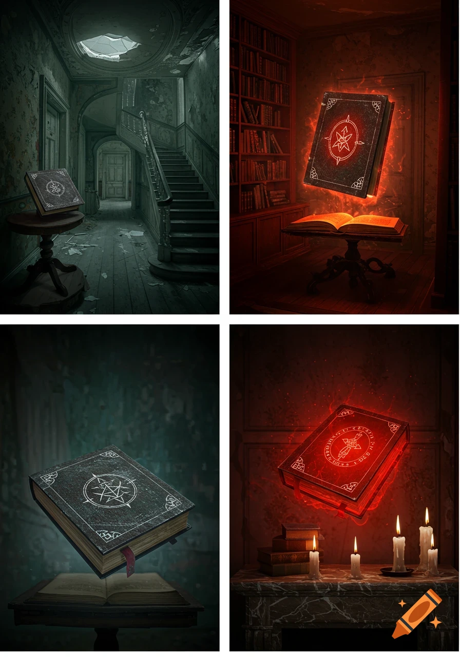 Four panels showing old, dark house interiors with glowing, magical books, some floating, in a dark fantasy style.