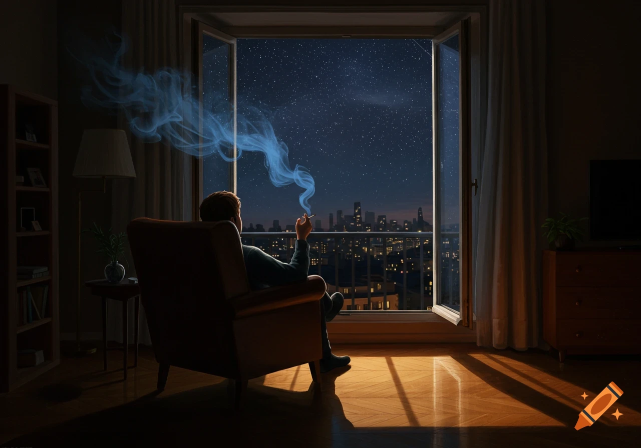 Back view of a person smoking a cigarette in an armchair, looking out an open window at a starry night sky over a city skyline.