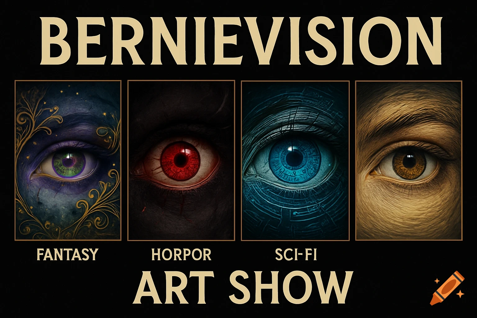 A poster for "BERNIEVISION ART SHOW" featuring four detailed eyes, each representing a genre: a magical purple-green eye for FANTASY, a bloodshot red eye for HORPOR (horror), a cybernetic blue eye for SCI-FI, and a brown eye for the last category.