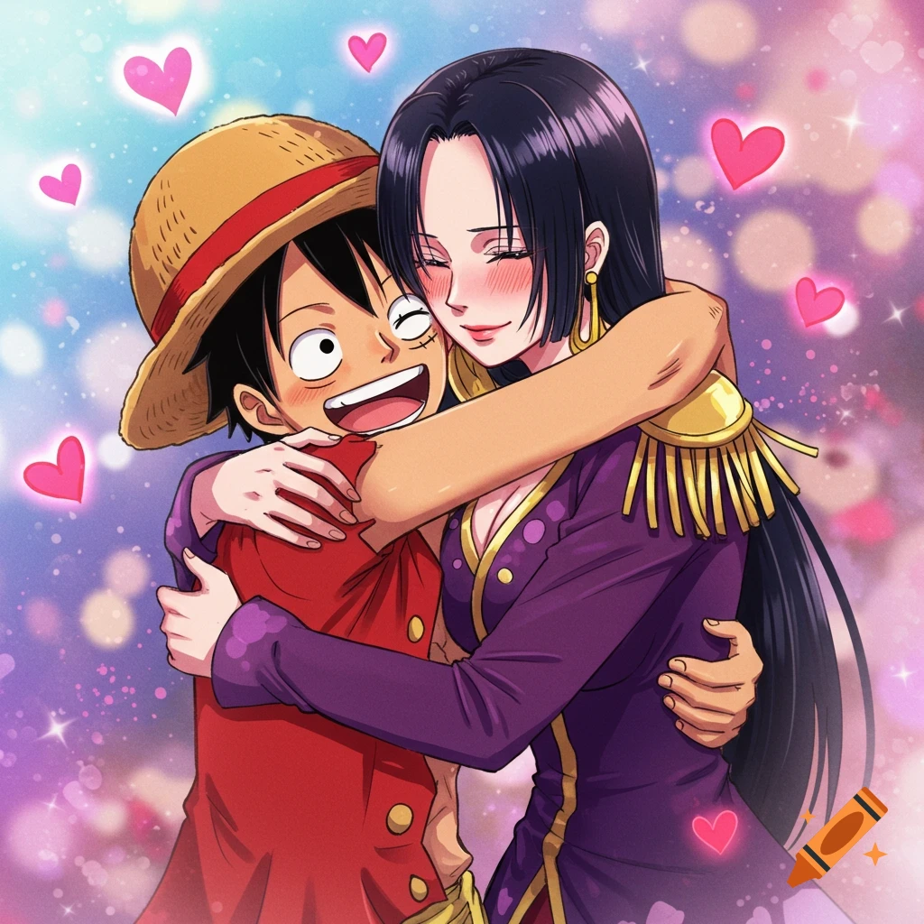 Anime characters Luffy and Hancock hugging tightly with hearts in a bright, sparkly background. Hancock blushes as Luffy smiles.
