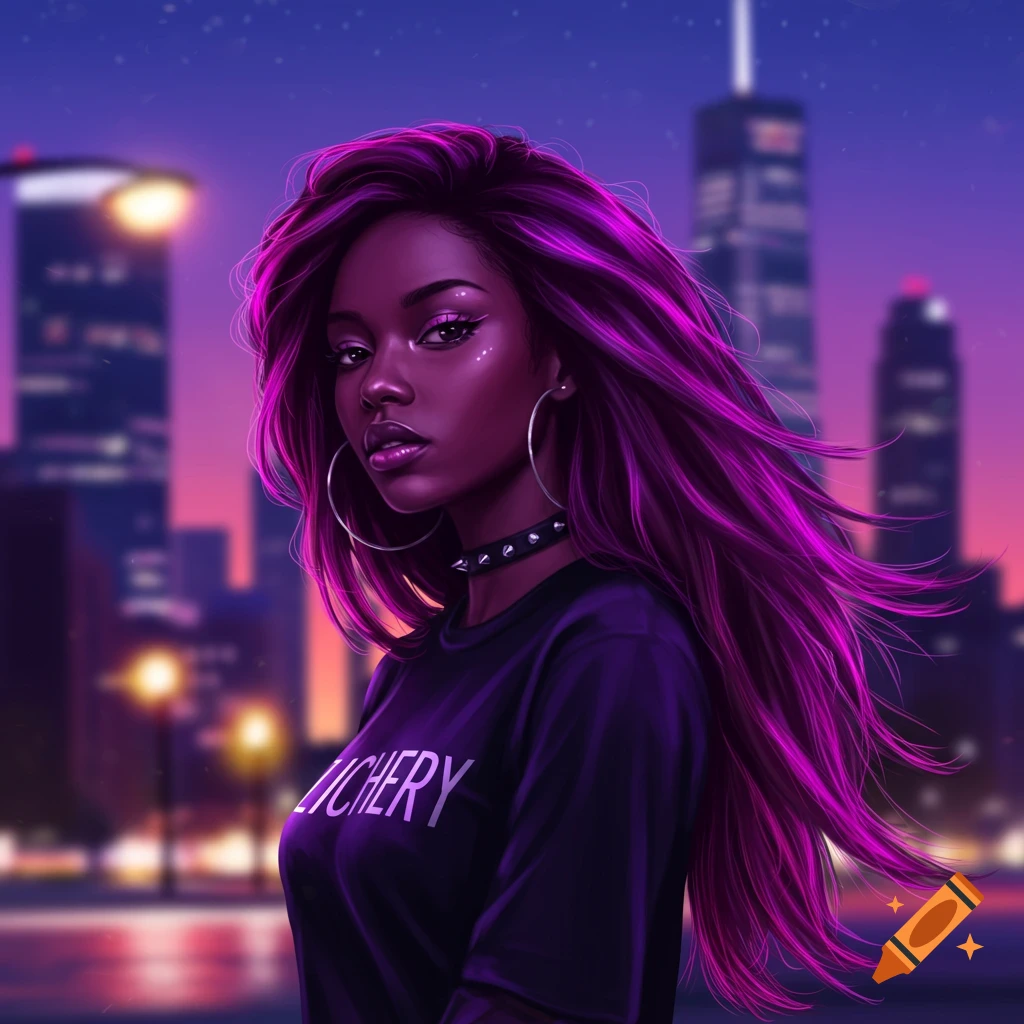 A digital art portrait of a woman with dark skin and long, flowing purple hair, wearing a black shirt, standing against a neon purple city skyline at night.