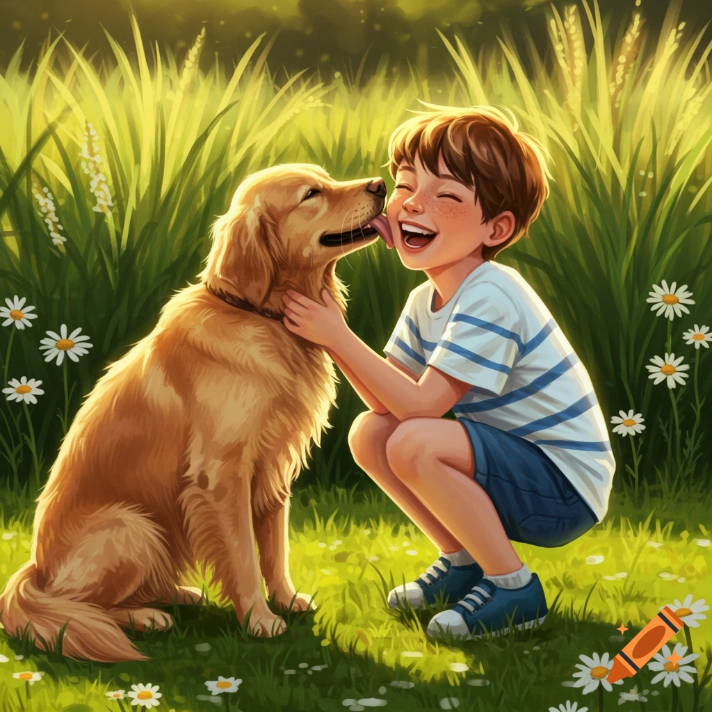 An illustration of a happy boy with a Golden Retriever in a sunny grassy field with daisies. The dog is licking the boy's face.