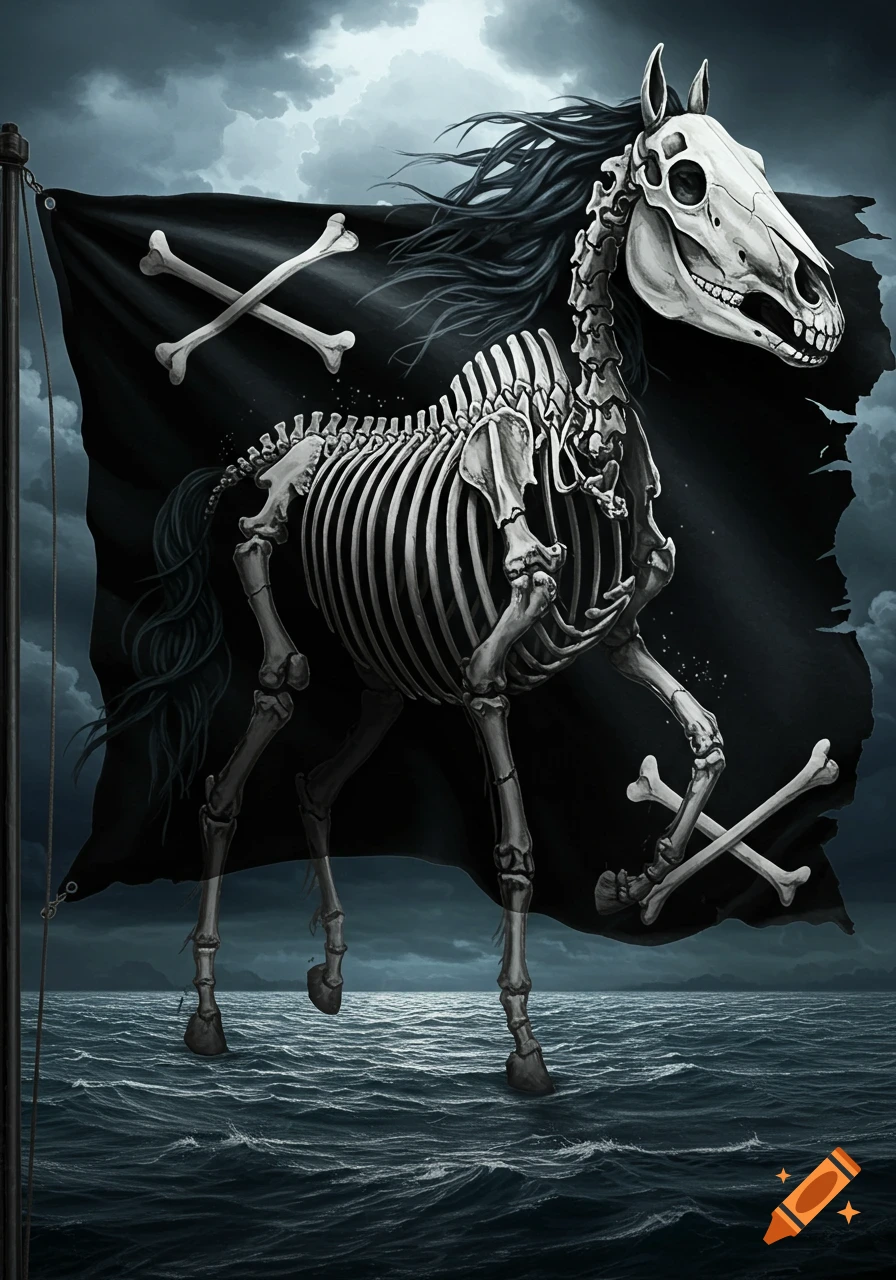 A skeleton horse with a flowing mane on a black pirate flag with crossbones, set against a stormy sea and dark sky.