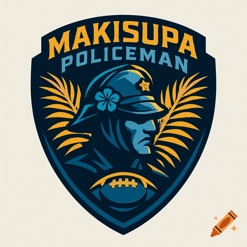 A stylized shield logo featuring a policeman's head in profile, tropical leaves, a football, and the text "MAKISUPA POLICEMAN".