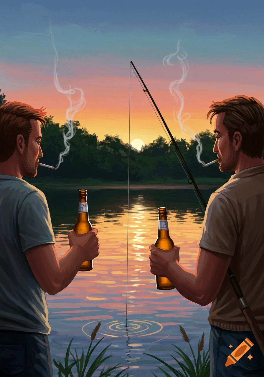 Two men fishing, drinking beer, and smoking at a lake during sunset, stylized.