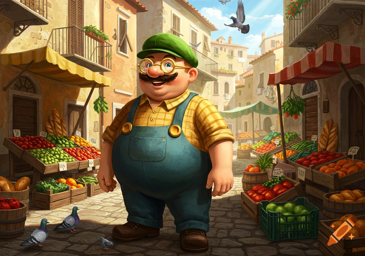 A plump, mustachioed man in overalls and a green cap stands in a vibrant outdoor market with stalls of fruits and vegetables in an Italian village.