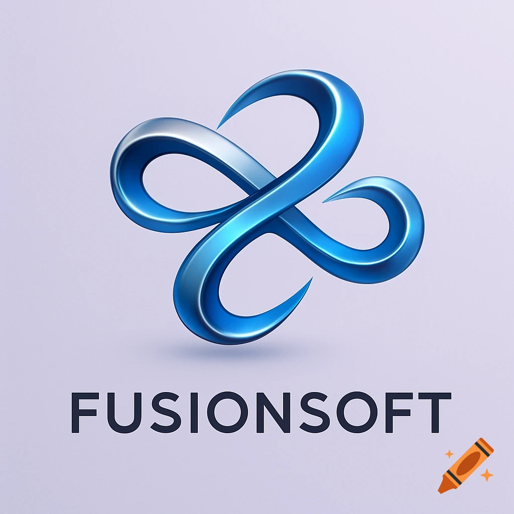 A blue and silver abstract, metallic intertwined logo with the word "FUSIONSOFT" below it on a light background.