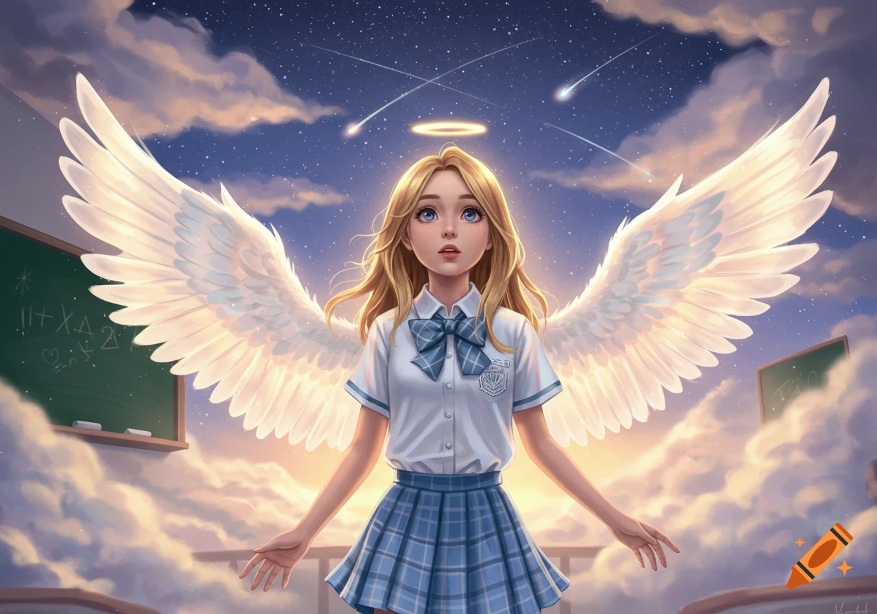 An anime-style blonde schoolgirl angel with white wings and a halo floats in the clouds under a starry sky, with faint blackboards.