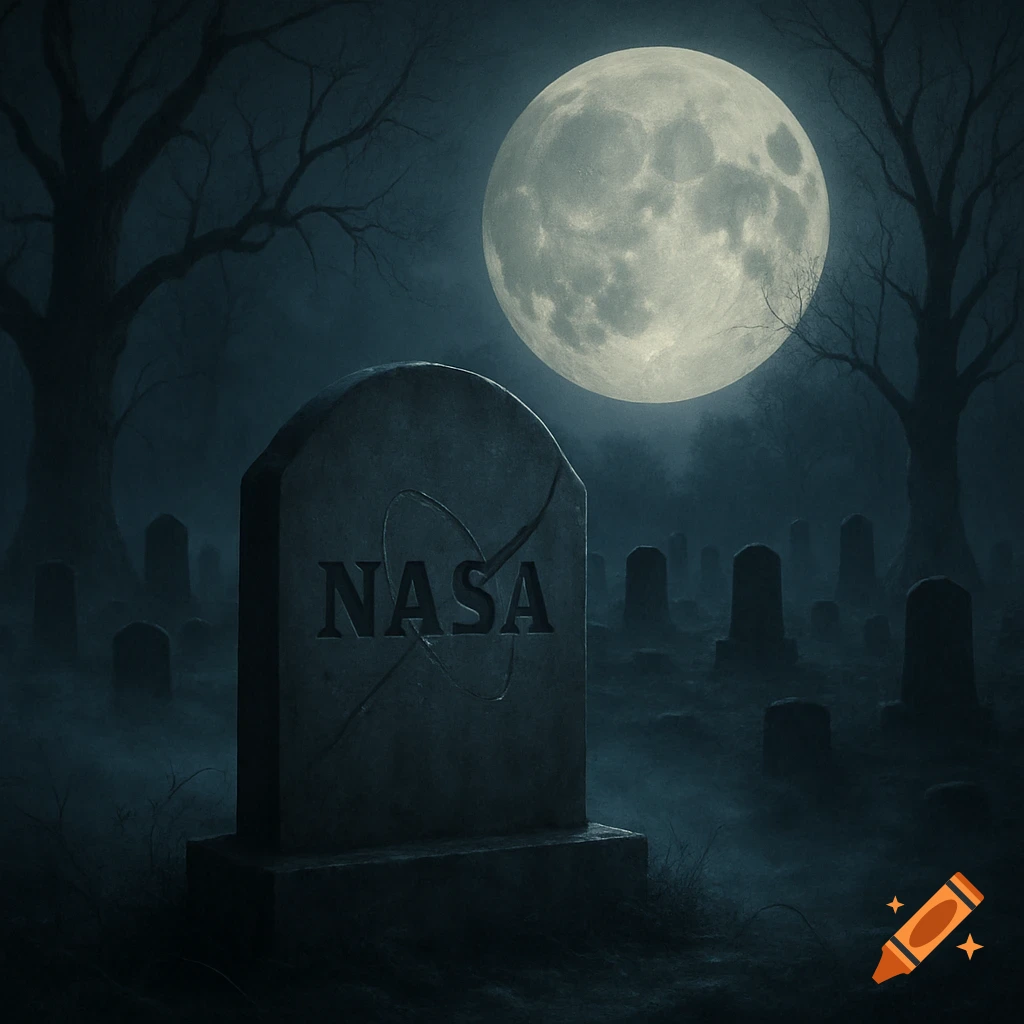 A tombstone engraved with the NASA logo stands in a foggy, dark cemetery under a large full moon, with silhouetted trees.