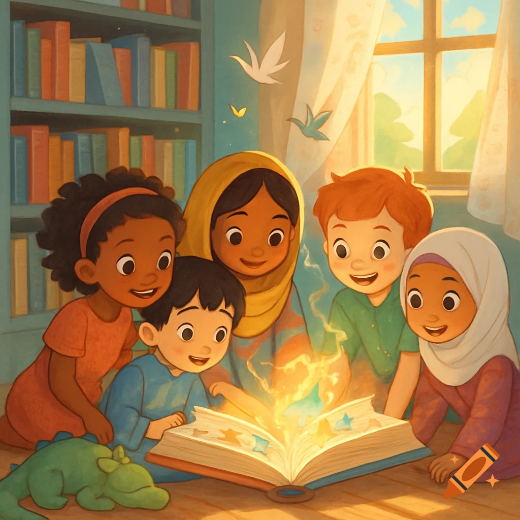 Five diverse children, including two girls in hijabs, look intently at a glowing storybook in a cozy illustrated room with bookshelves.