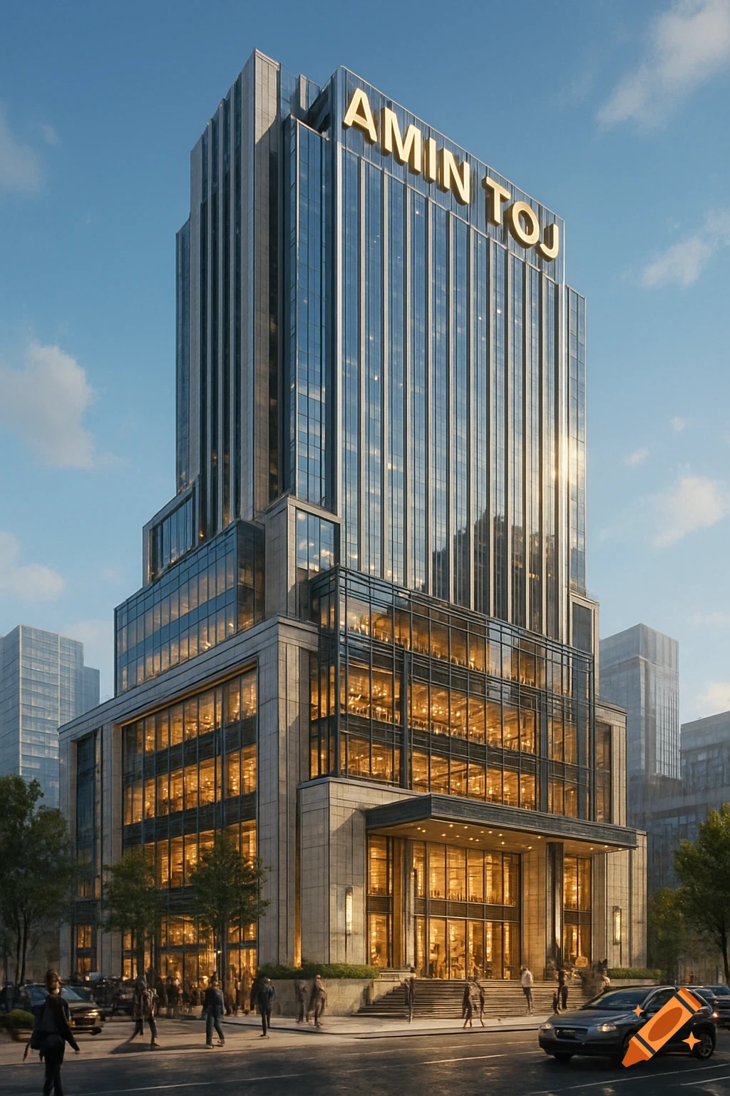 Photorealistic image of a modern, luxurious high-rise building with glass and stone facade, "AMIN TOJ" sign on top, busy street below.