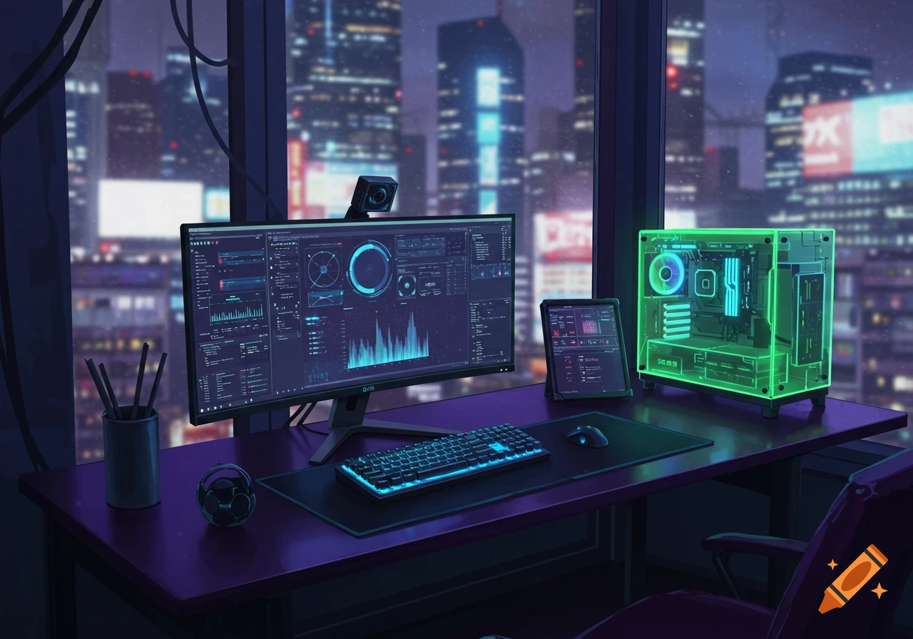 Cyberpunk desktop setup with glowing blue monitor, keyboard, and green-lit PC case, overlooking a futuristic city at night.