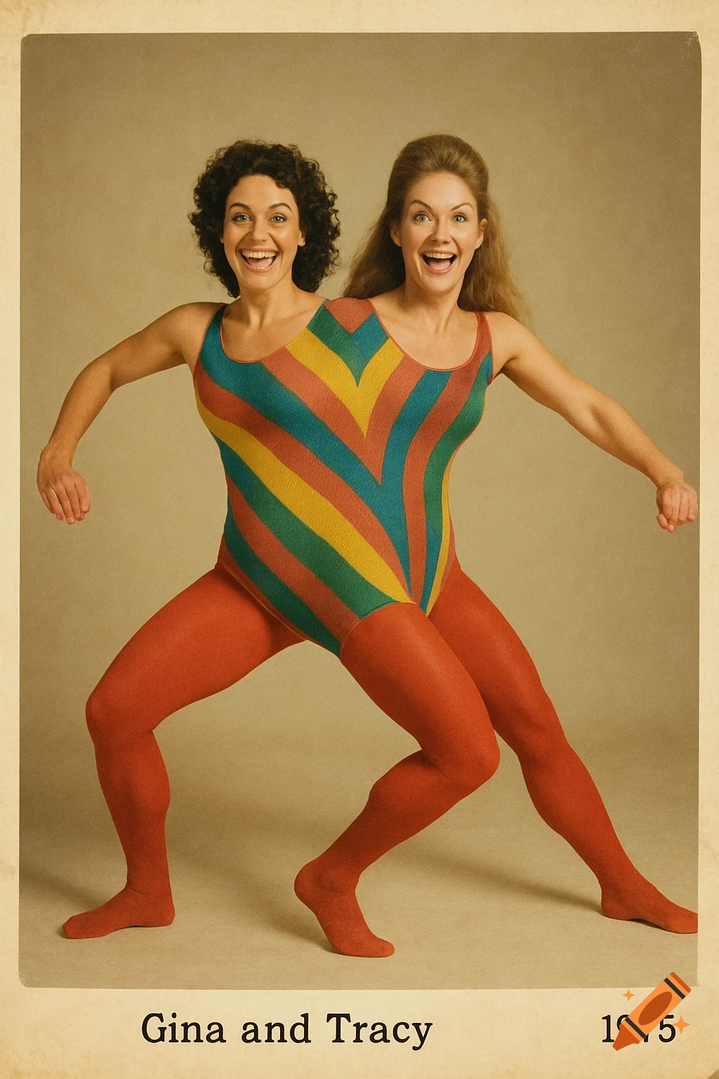 Two women conjoined in a striped leotard and red tights, lunging in opposite directions in a vintage photo style.