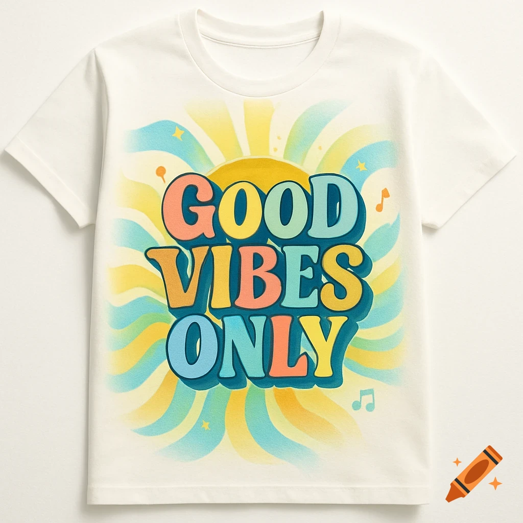 White t-shirt with a colorful retro graphic reading 'GOOD VIBES ONLY' against radiating sunburst lines.