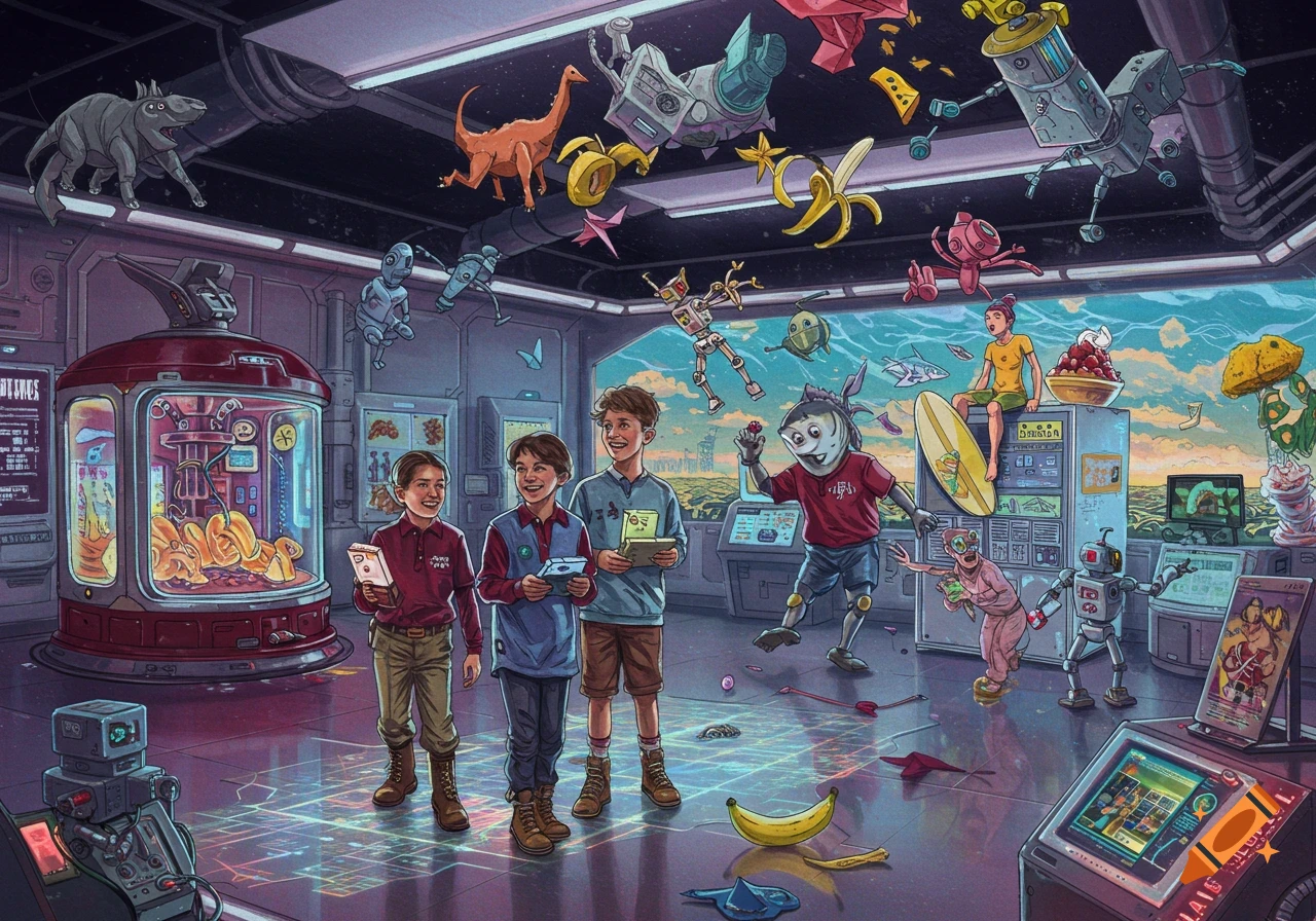 Three boys and various fantastical creatures, robots, and objects in a colorful, chaotic futuristic science lab with a cityscape view.