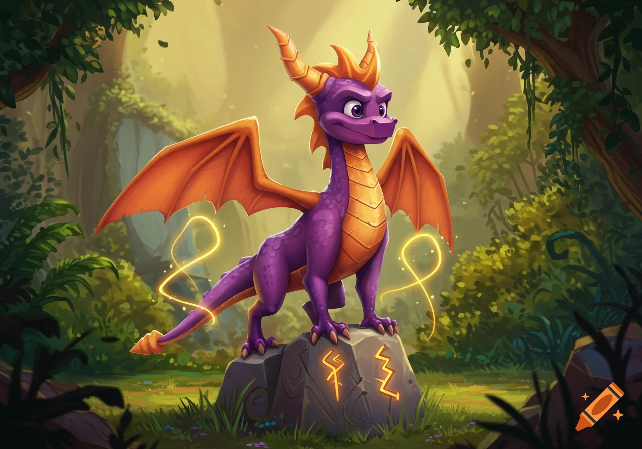 A purple dragon with orange wings, resembling Spyro, stands on a rune-carved rock in a lush, green forest.