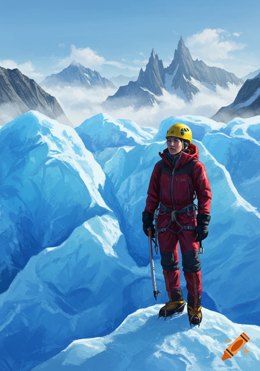 A mountaineer in a red suit and yellow helmet stands on a snowy ridge amidst blue glaciers and towering mountains under a cloudy sky.