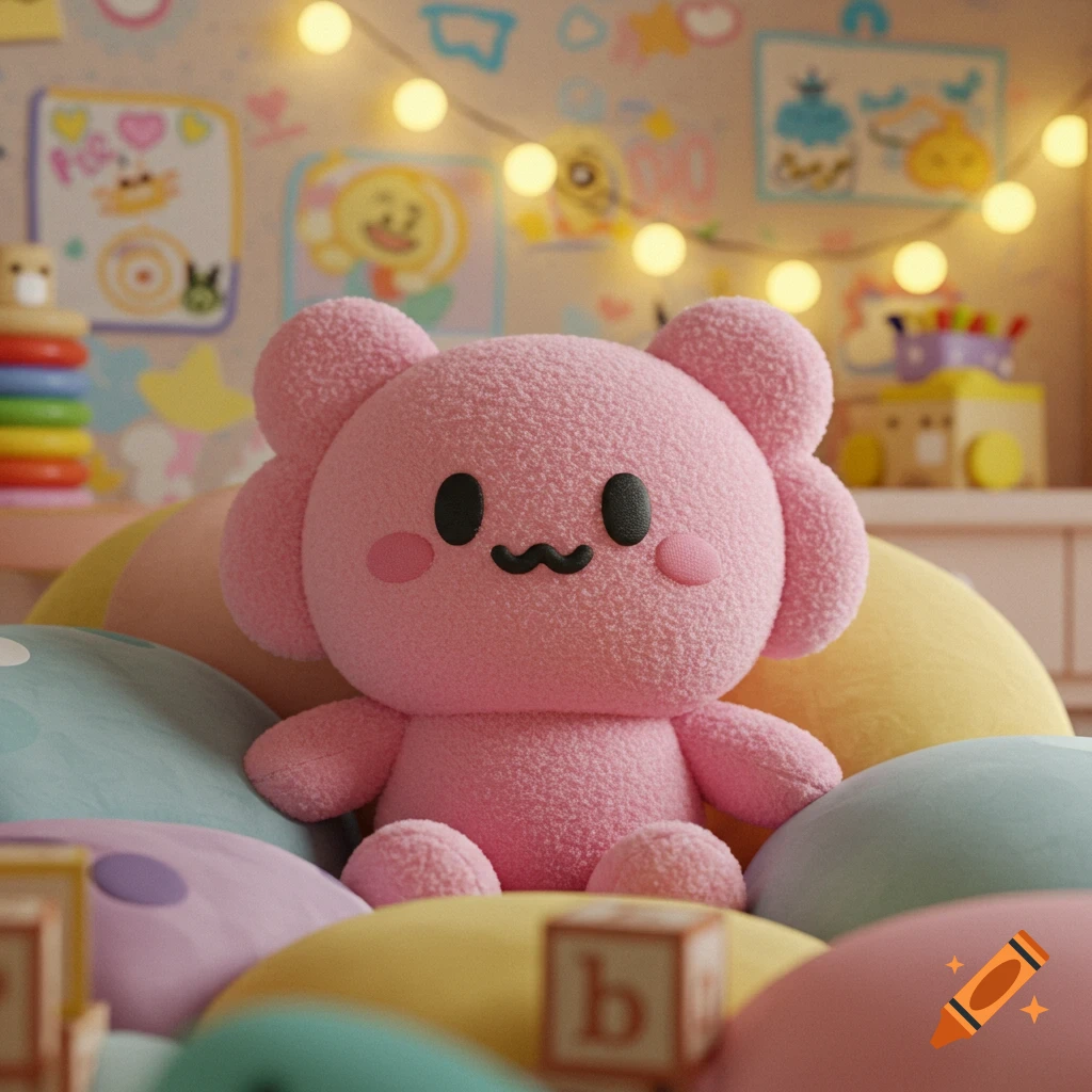 A cute pink fuzzy plush toy with a simple smiling face sitting on colorful cushions in a child's room with fairy lights.