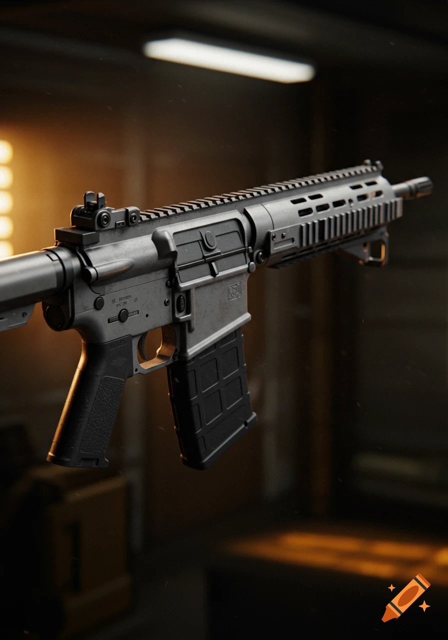 Close-up, photorealistic shot of a gray and black AR-15 style rifle with a detailed metallic finish against a dark, blurred background.