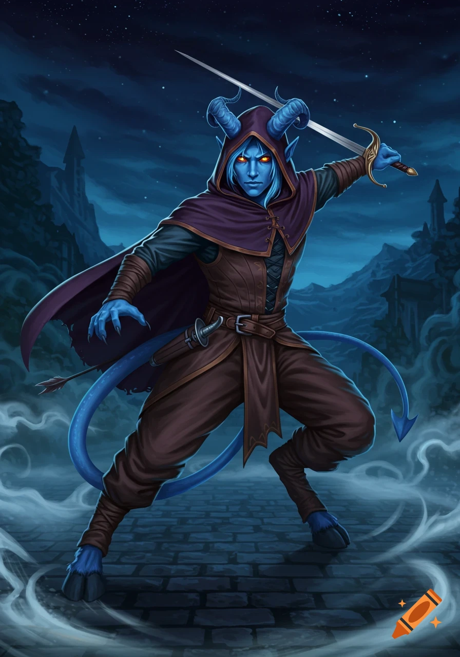 A stylized fantasy illustration of a blue-skinned tiefling in a hooded cloak, with horns and glowing orange eyes, wielding a rapier at night.