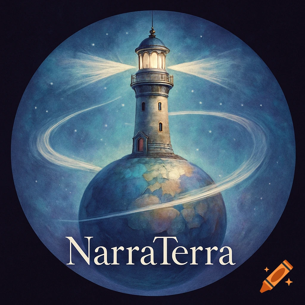Stylized illustration of a lighthouse on a small planet, radiating light beams into a starry sky, with 'NarraTerra' text.