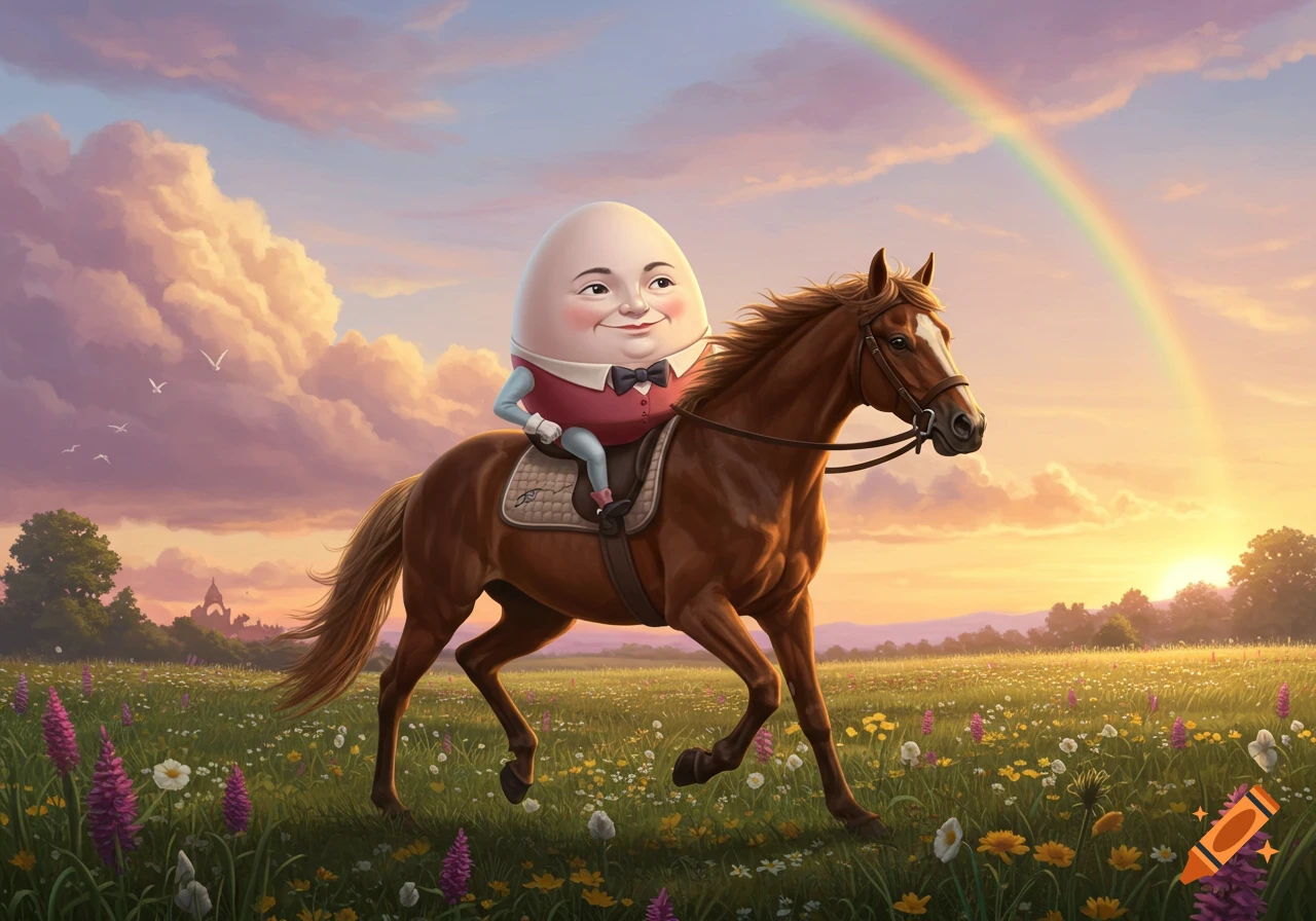 Whimsical illustration of Humpty Dumpty riding a brown horse through a sunlit field with wildflowers and a rainbow.