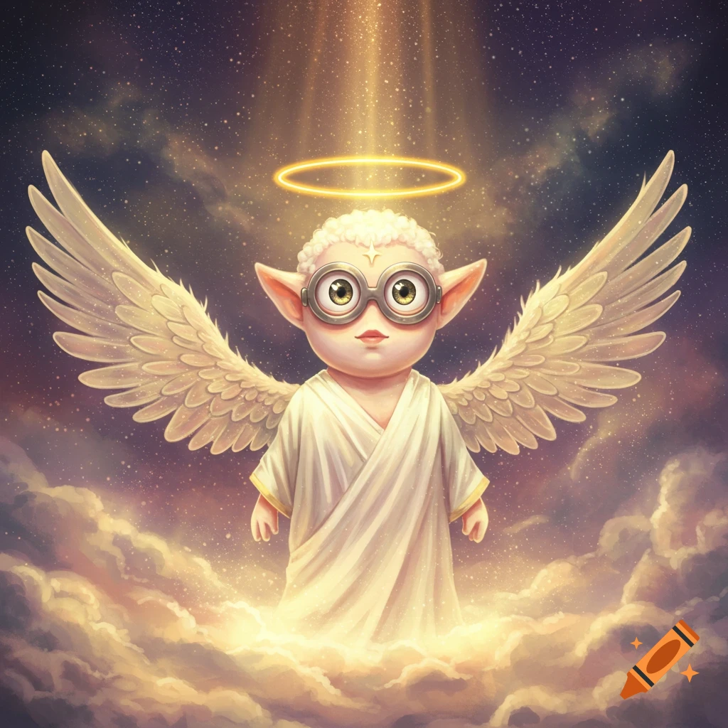 Cartoon Minion-like angel with goggles, wings, and a halo, standing on glowing clouds under a starry sky.