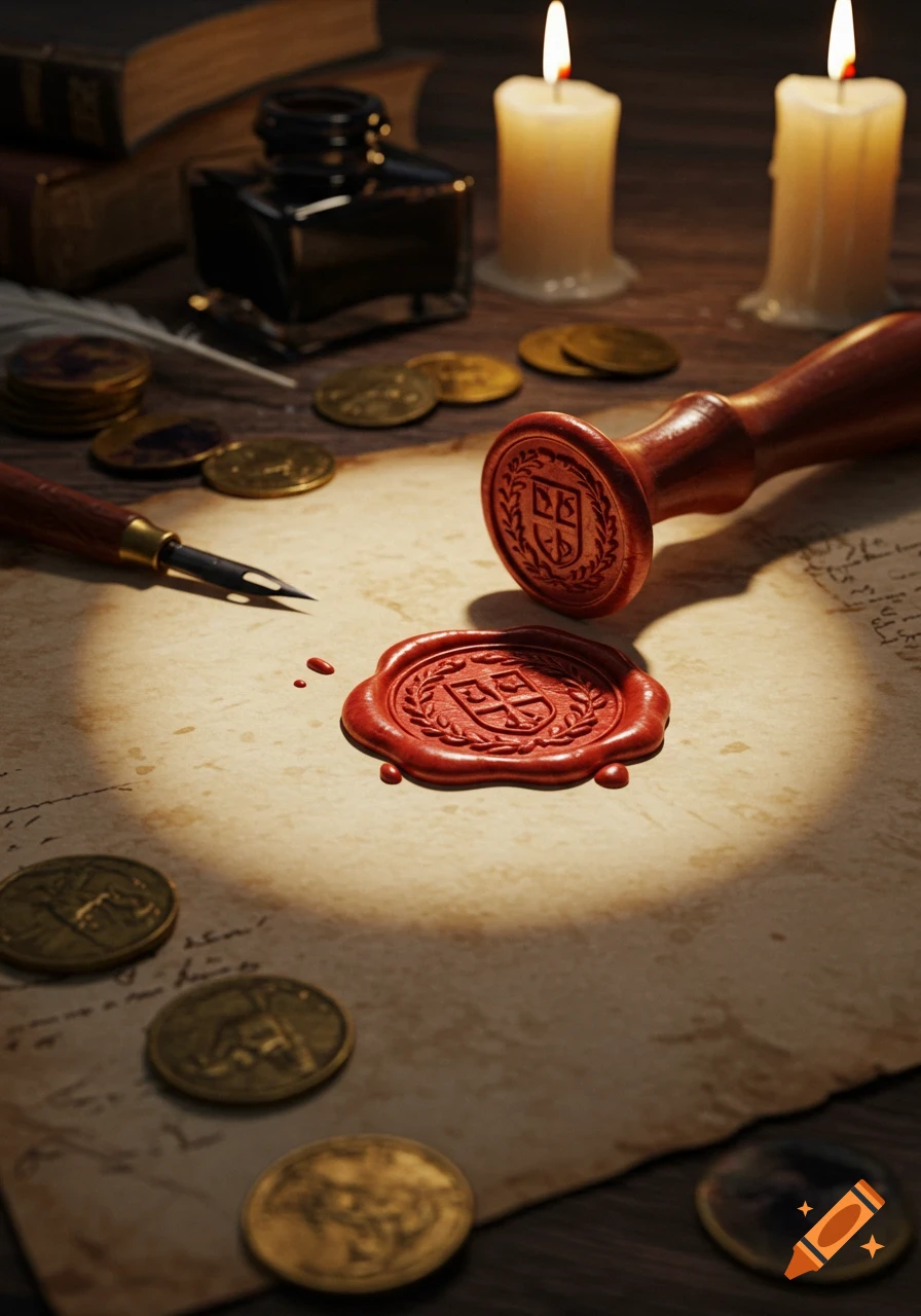A close-up shot of a dark wooden desk with a red wax seal, a quill, ink, scattered gold coins, and two lit candles, illuminated by a spotlight.