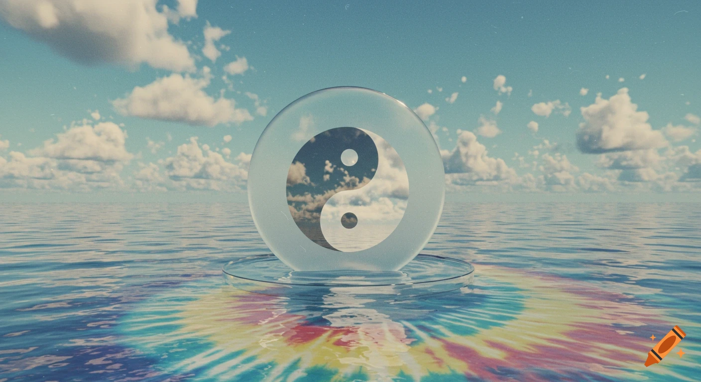 A glass sphere with a yin yang symbol floats on a tie-dyed ocean under a cloudy sky, with film grain.