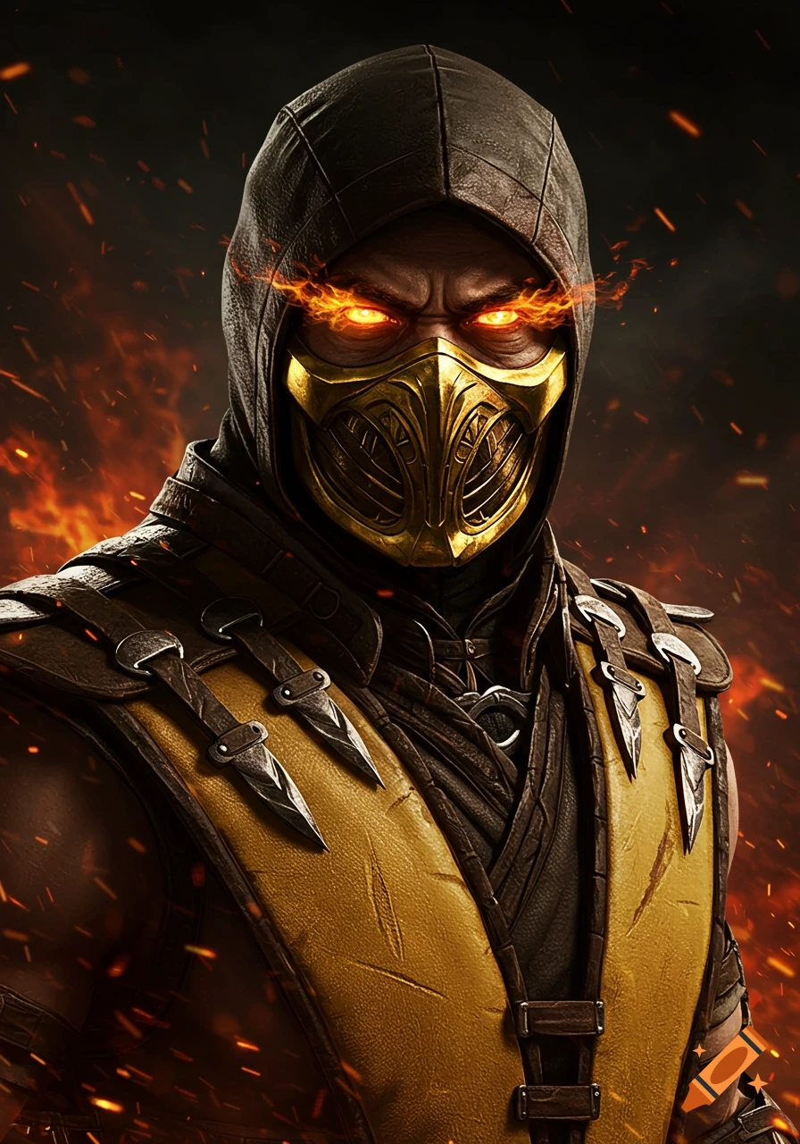 Close-up portrait of Scorpion from Mortal Kombat, with glowing orange eyes and golden mask, against a fiery background.