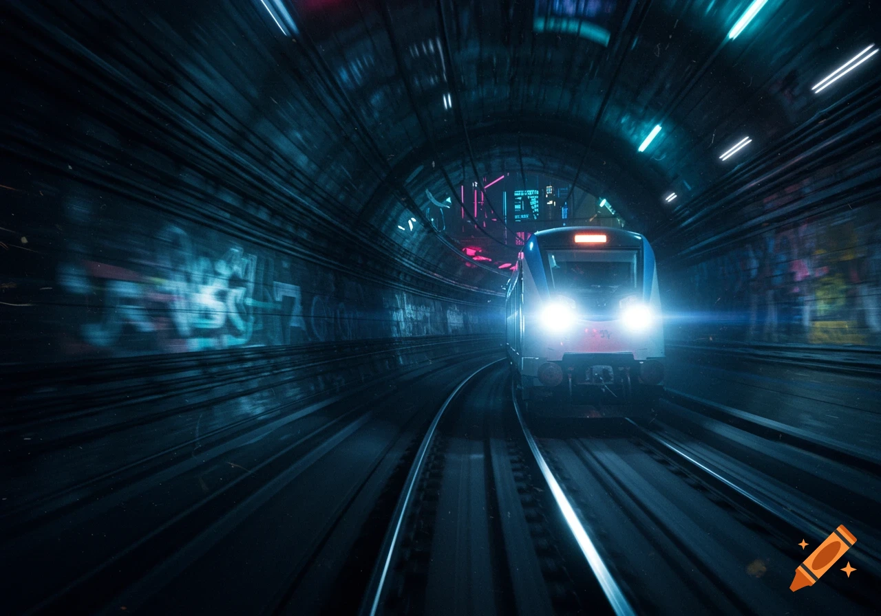 A modern train with bright headlights speeds through a dark, graffiti-covered tunnel with neon blue and pink lights.