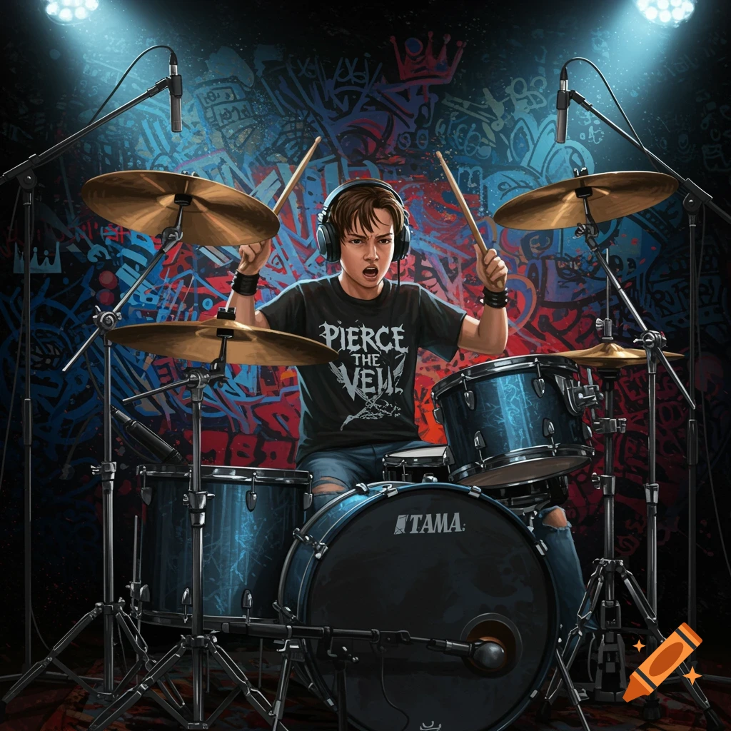 A young person with headphones intensely playing drums on a stage with graffiti art in the background, under spotlights.