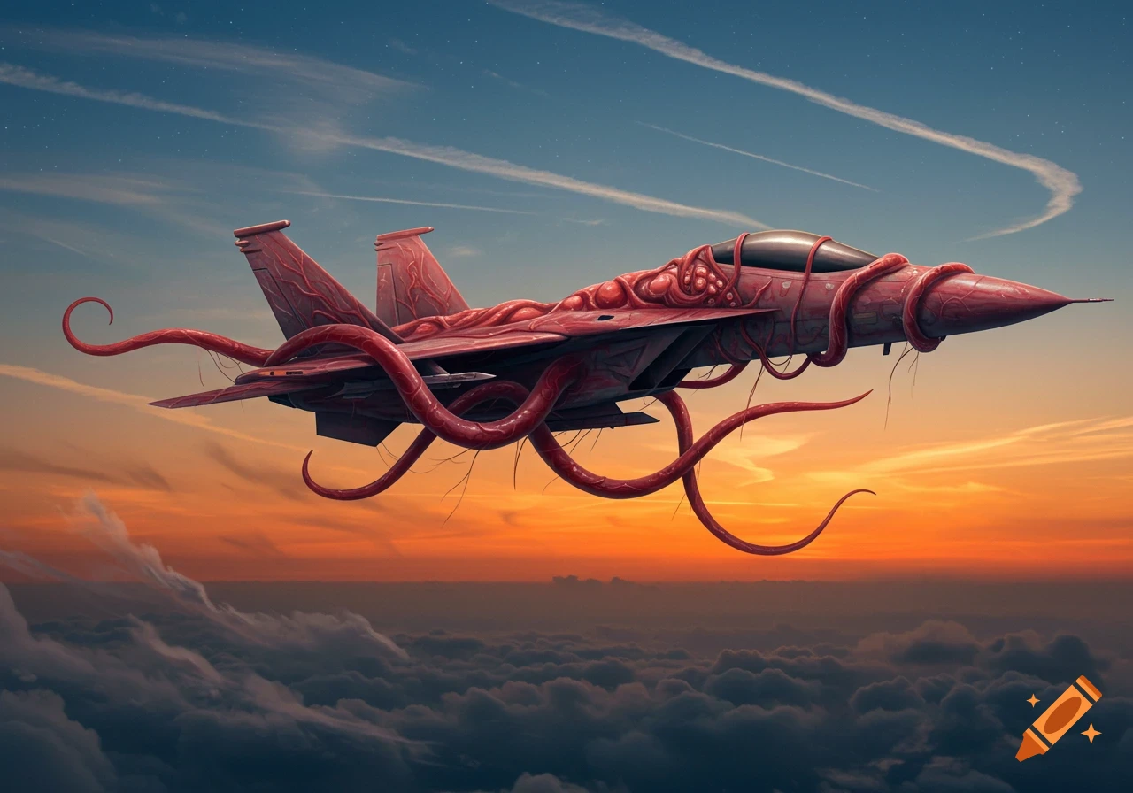 A fighter jet covered in red flesh and tentacles flies above clouds during sunset.