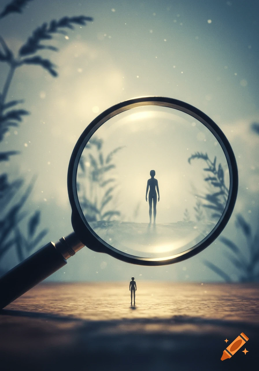 A magnifying glass frames a small, silhouetted human figure in a hazy, dreamlike landscape; another tiny figure is in the foreground.