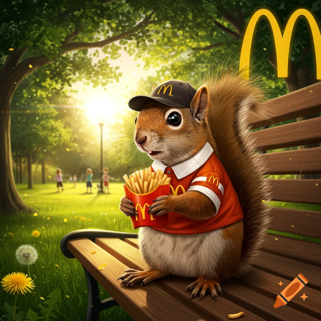 A photorealistic squirrel in a McDonald's uniform and cap sits on a park bench, holding a box of McDonald's fries. A large McDonald's 'M' logo is in the background.