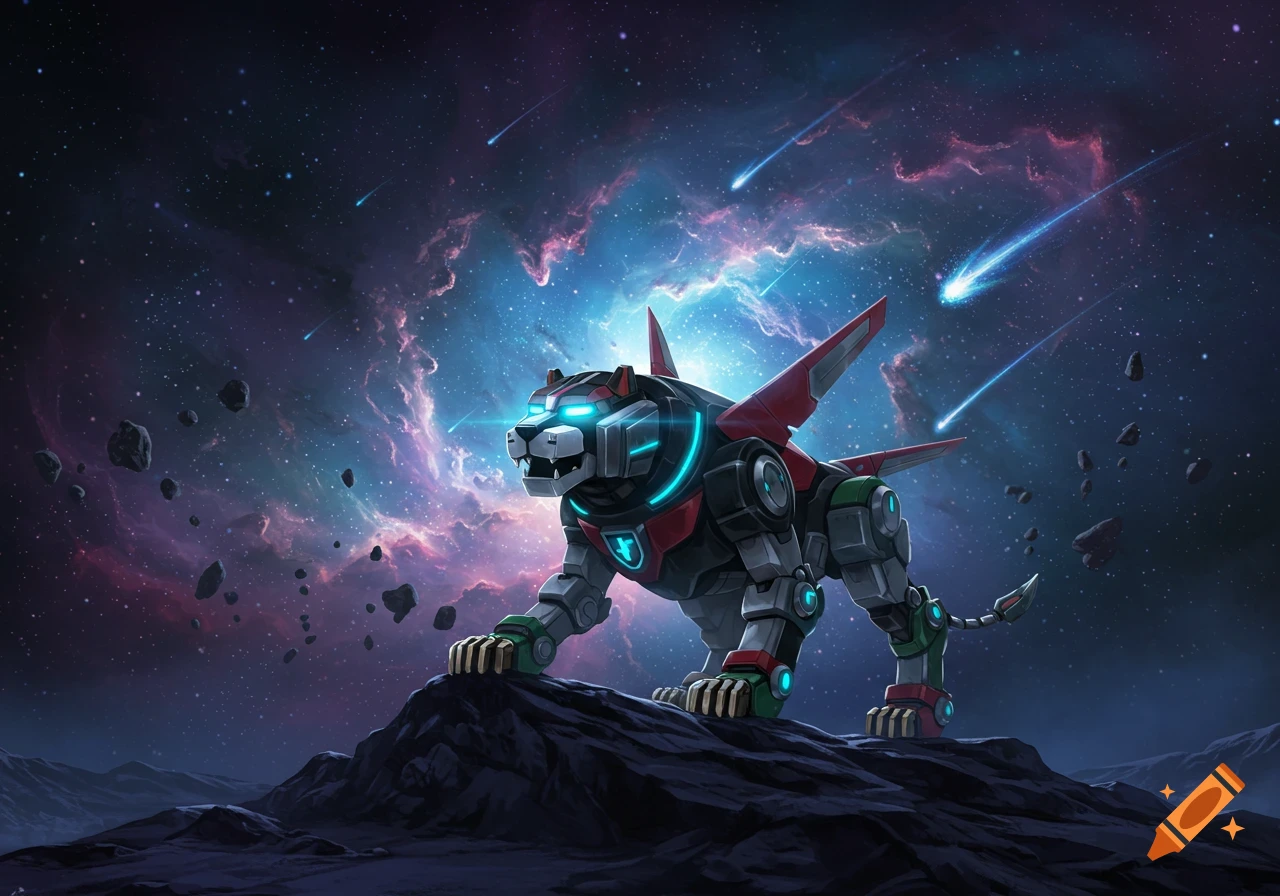 A black, red, and grey robotic lion with glowing blue accents stands on a rocky alien planet under a vibrant galaxy sky with shooting stars.